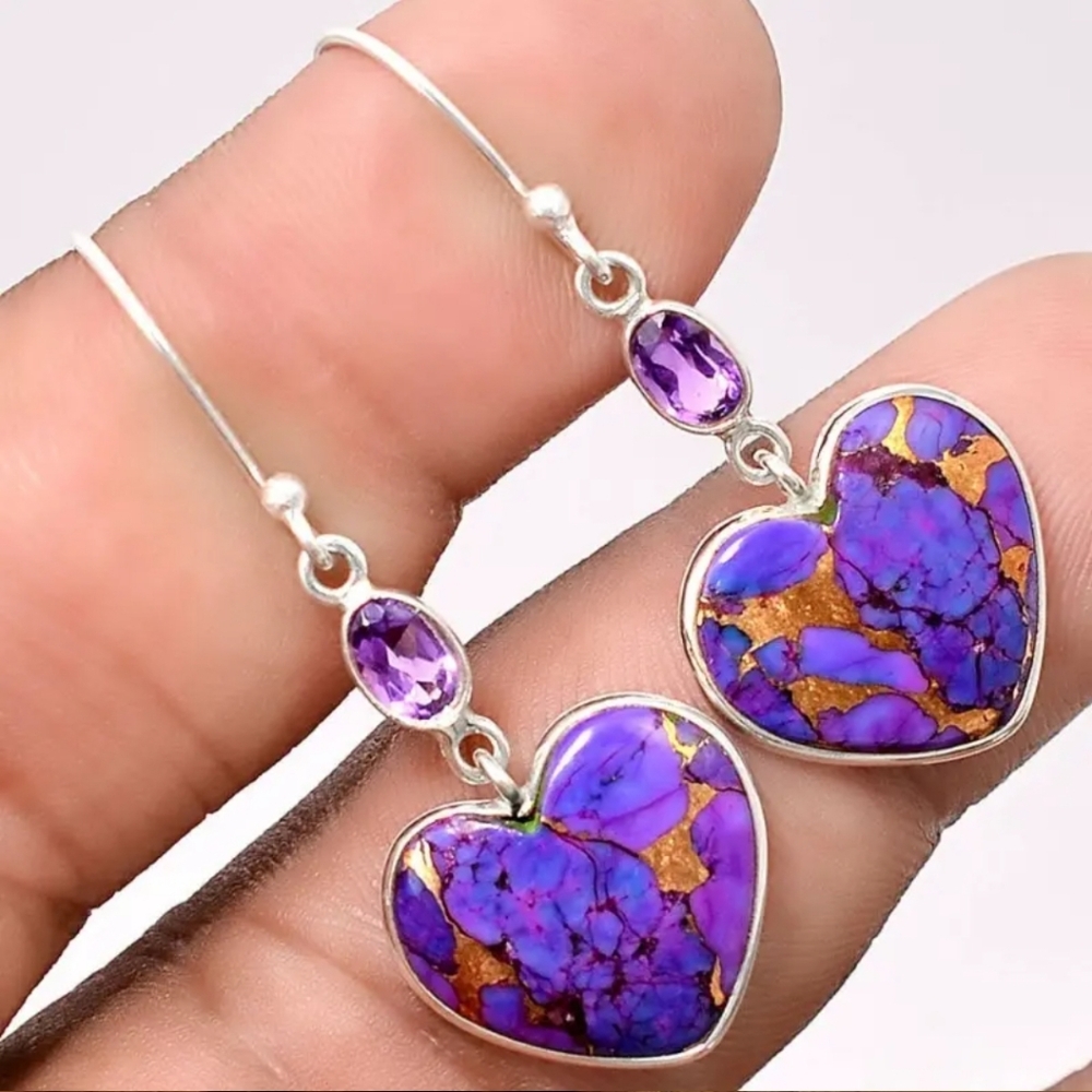 Creative Purple Stone Long Boho Geometric Oval Amethyst Dangle Earrings. - Picture 3 of 6